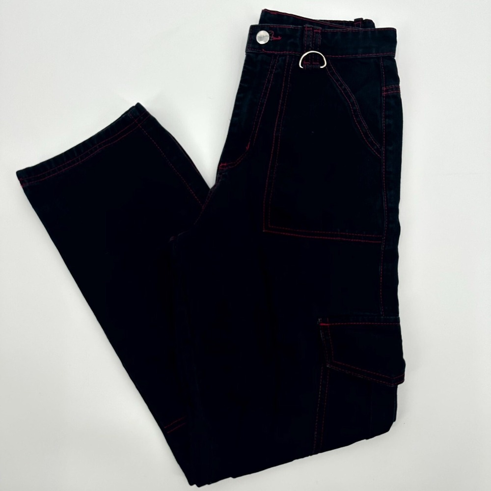 Daisy Street Gothic Pants Womens 5 Black Pink Cargo Contrast Stitch Straight Leg